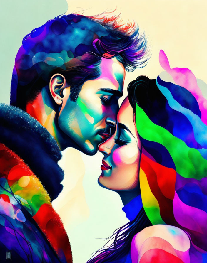 Vibrant digital artwork of stylized man and woman in intimate pose