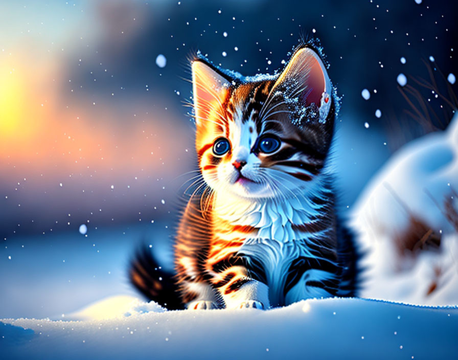 Fluffy kitten with striking markings in snow under soft-hued sky