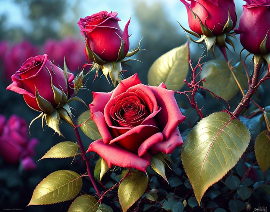 Red Roses Cluster with Green Leaves in Soft-focus Background