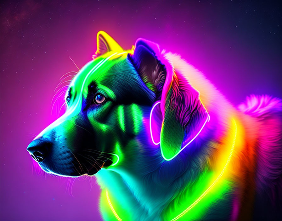 Colorful Neon Outlined Dog Artwork on Cosmic Dark Background