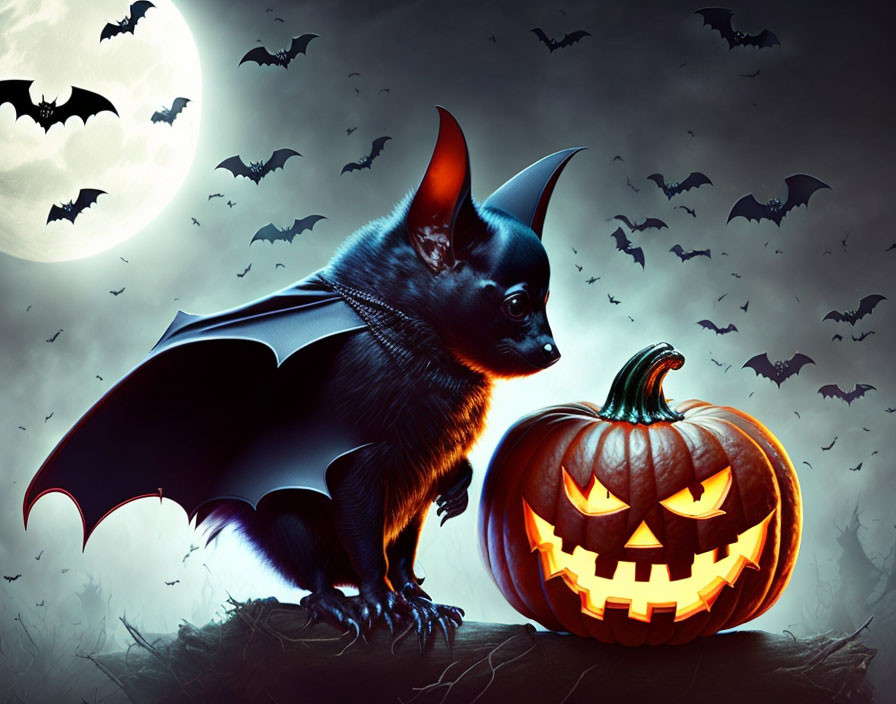 Stylized black bat and glowing pumpkin illustration under moonlit sky