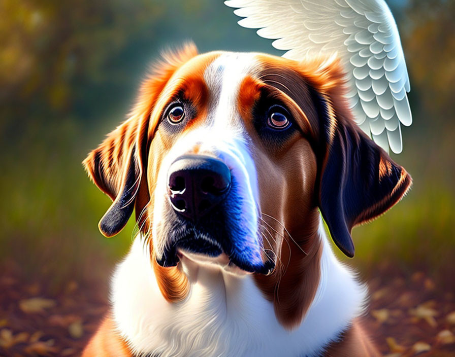 Brown and White Dog with White Angelic Wings in Digitally Altered Image