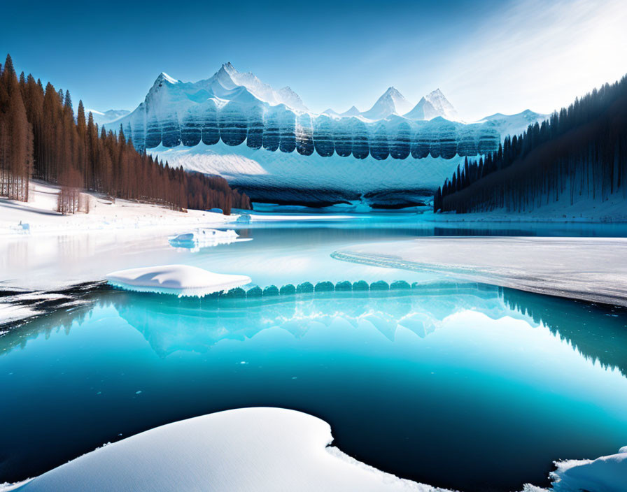 Winter landscape: Frozen lake, snowy mountains, and trees