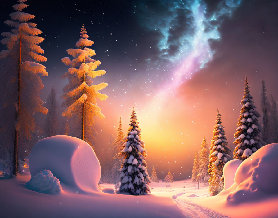 Snow-covered trees under orange sky with blue starry night & celestial streak