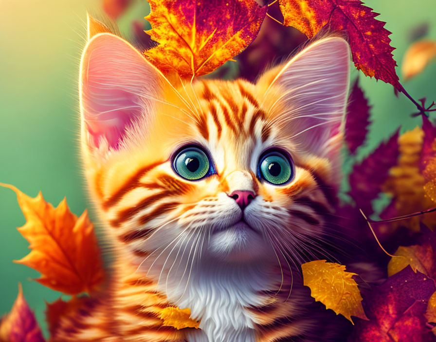 Orange Tabby Kitten with Green Eyes Among Autumn Leaves