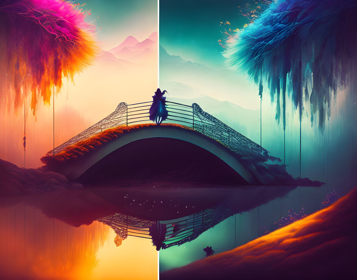 Symmetrical bridge over reflective water with vibrant colors and surreal foliage