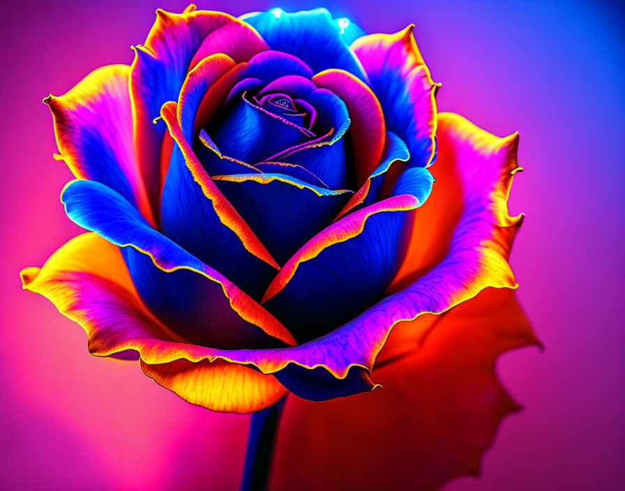 Vibrant Blue-Pink Rose with Yellow Edges on Magenta Background