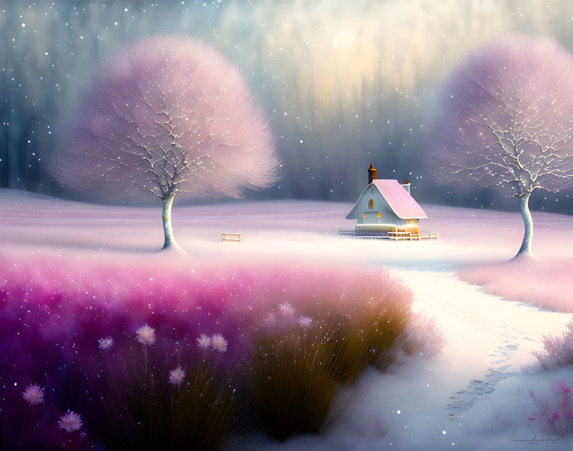 Twilight snow-covered landscape with cozy house and snow-laden trees