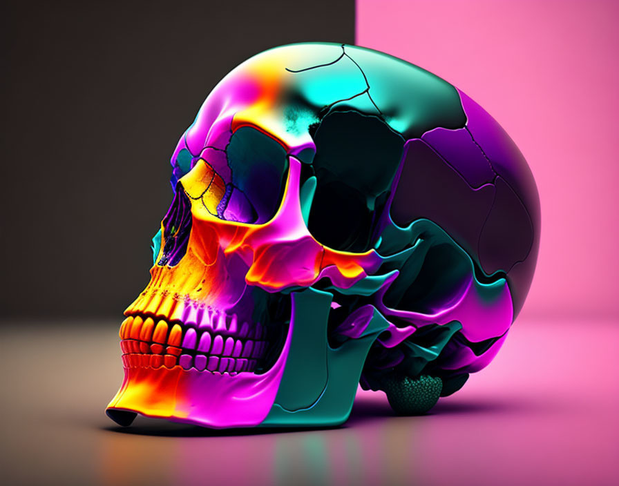 Colorful Human Skull on Reflective Surface with Pink and Brown Gradient Background