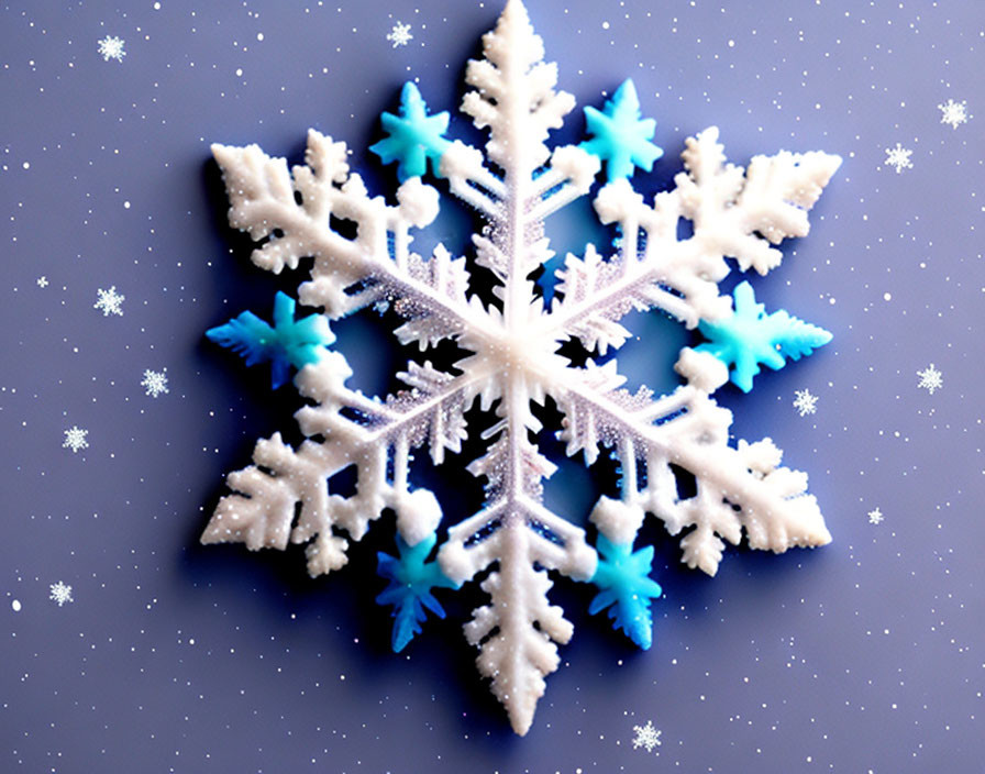 Detailed close-up of delicate snowflake on dark, starry background