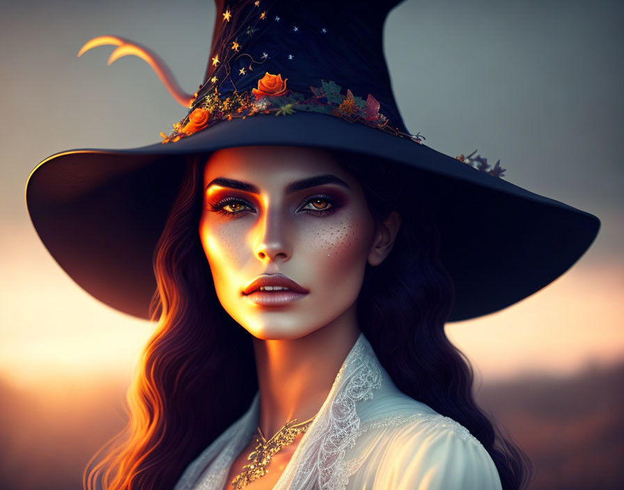 Woman wearing ornate witch's hat with autumn leaves and rose at sunset