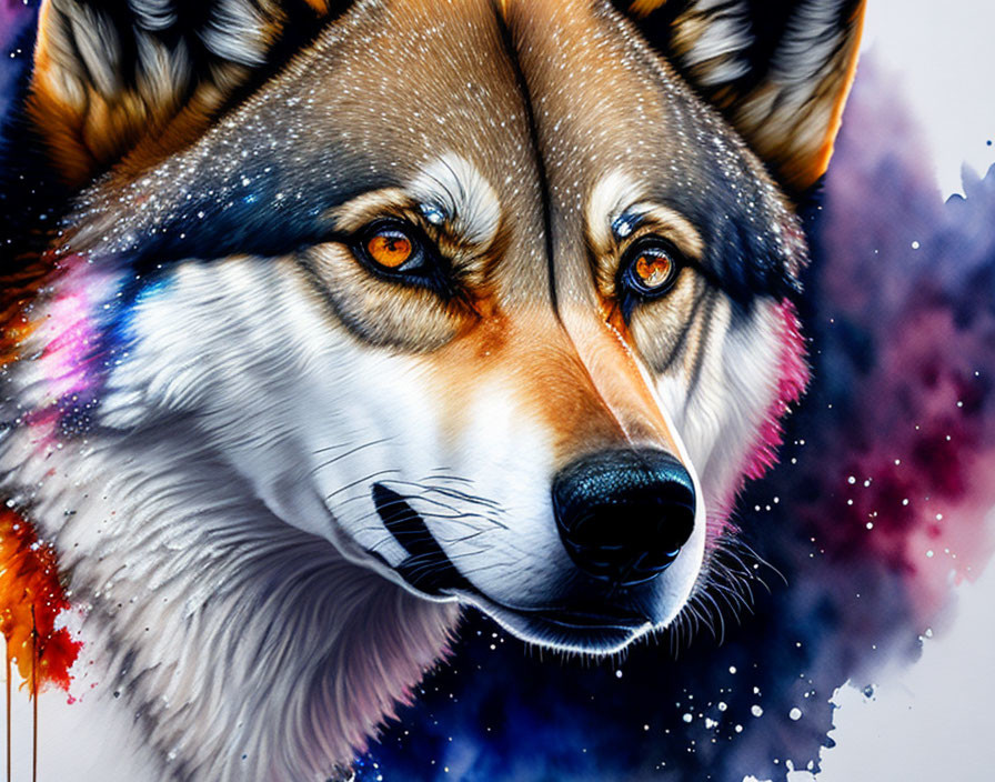 Colorful Wolf Artwork with Amber Eyes & Abstract Paint Splatters