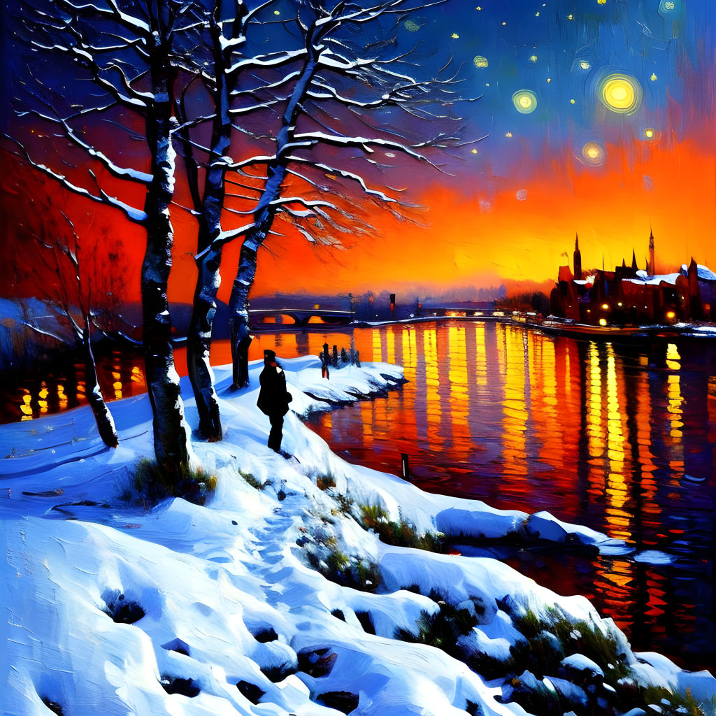 Snowy riverside scene at dusk with figure, bare trees, colorful sky