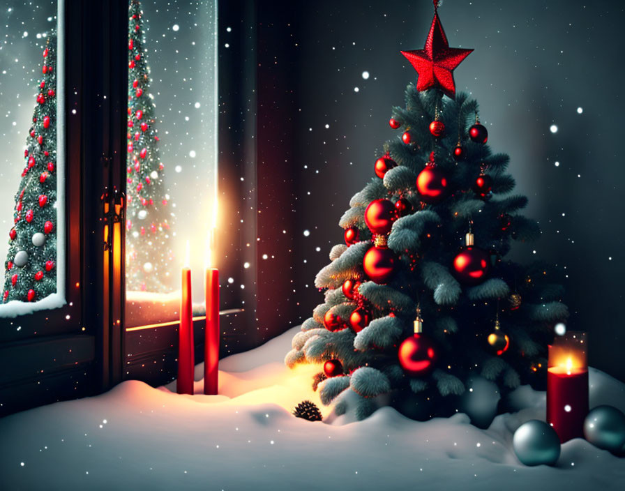 Christmas tree with red star, window candles, snow at night