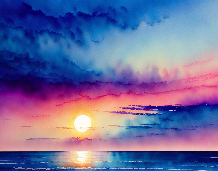 Vibrant watercolor painting: Sunset with golden sun, ocean, colorful sky.