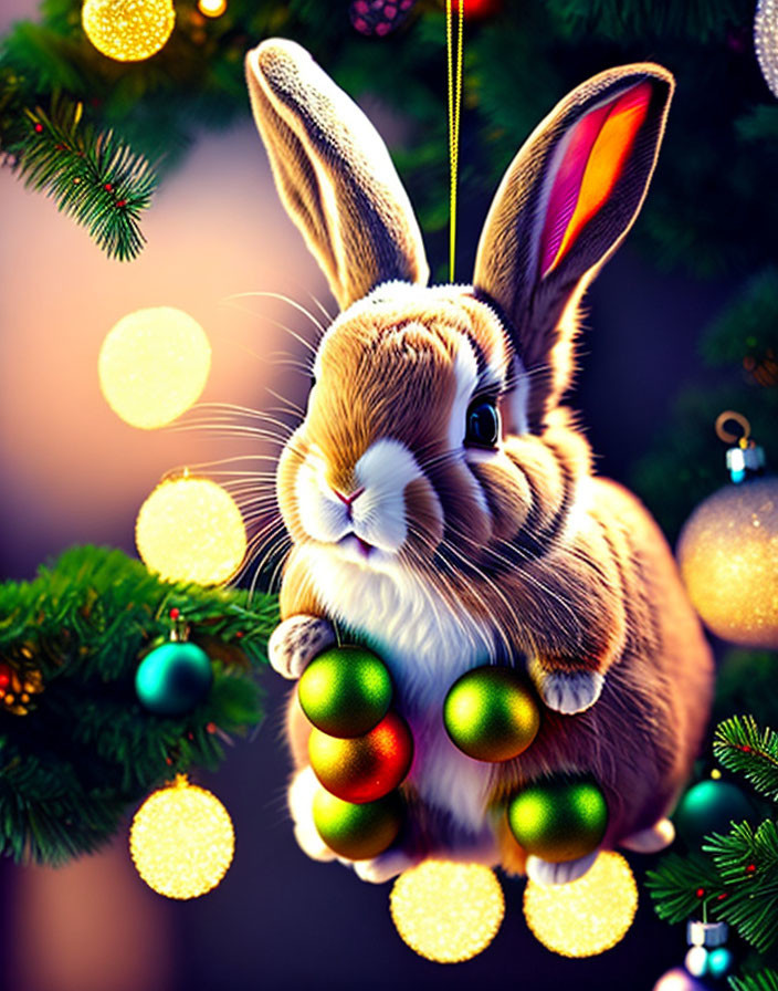 Digital Image: Bunny with Christmas Ornaments & Festive Decorations