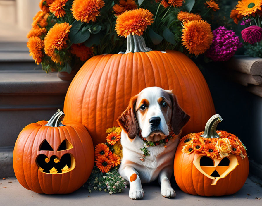 Beagle Puppy Surrounded by Fall Decorations