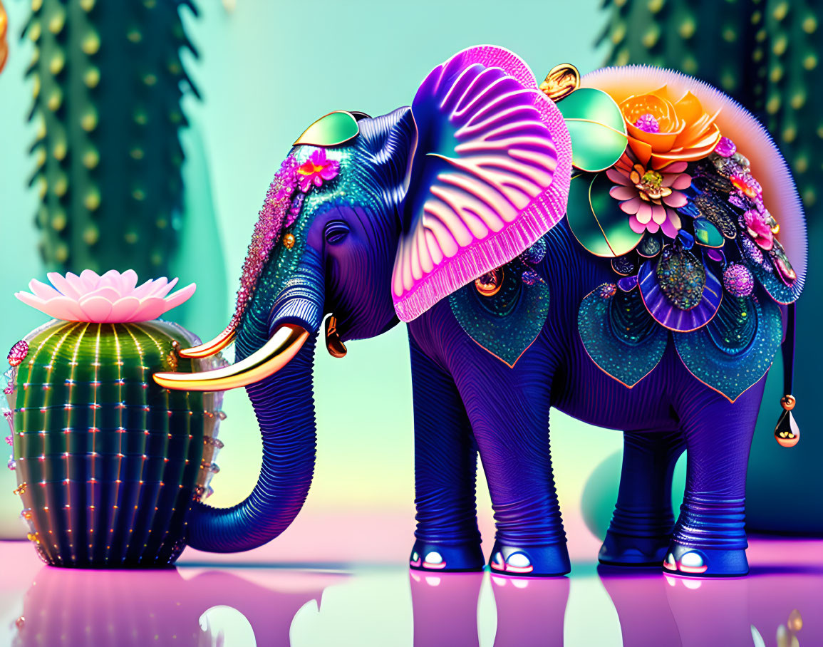 Colorful digital art: Decorated elephant with lotus pot on teal background.