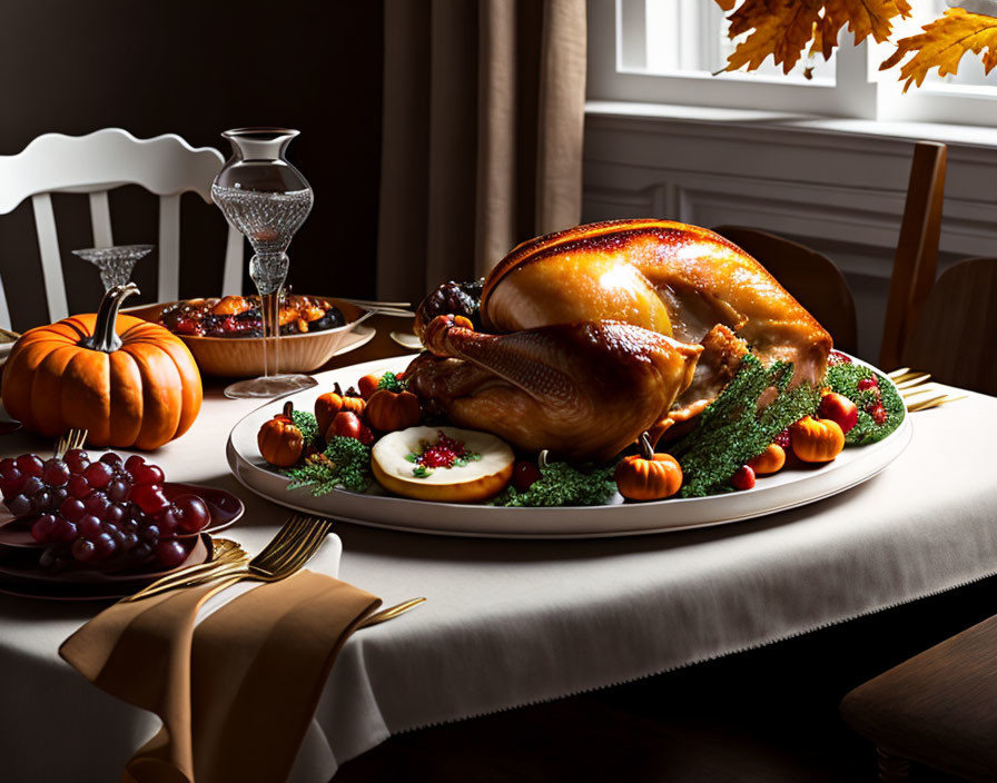 Thanksgiving table with roasted turkey and autumn decor