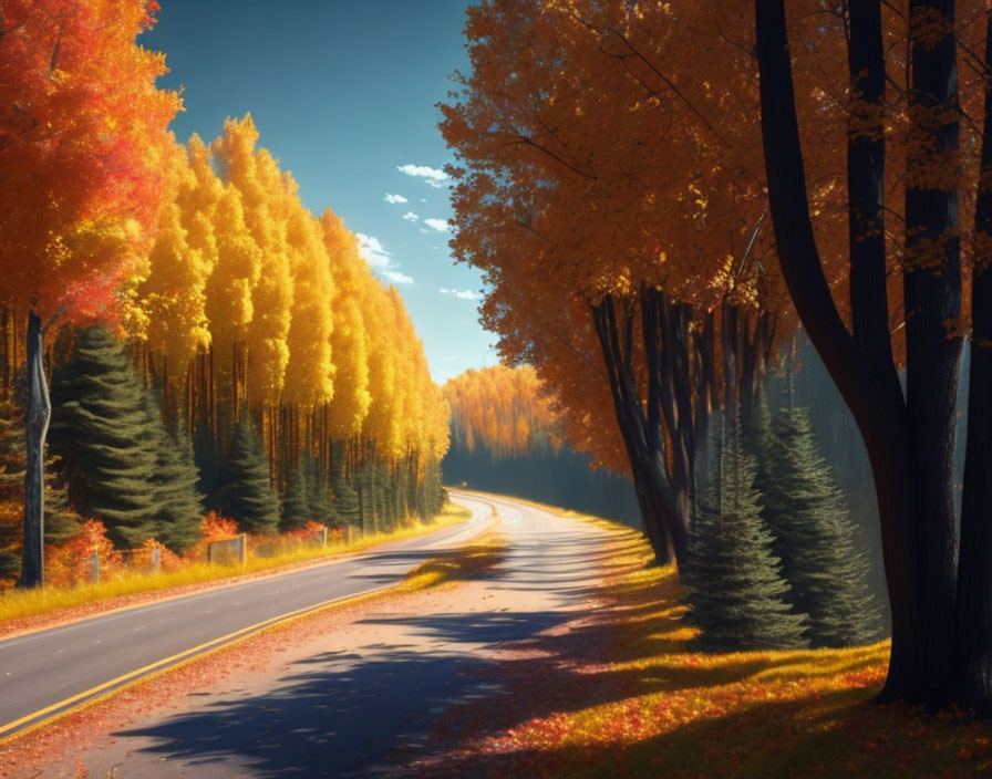 Scenic winding road through vibrant autumn forest