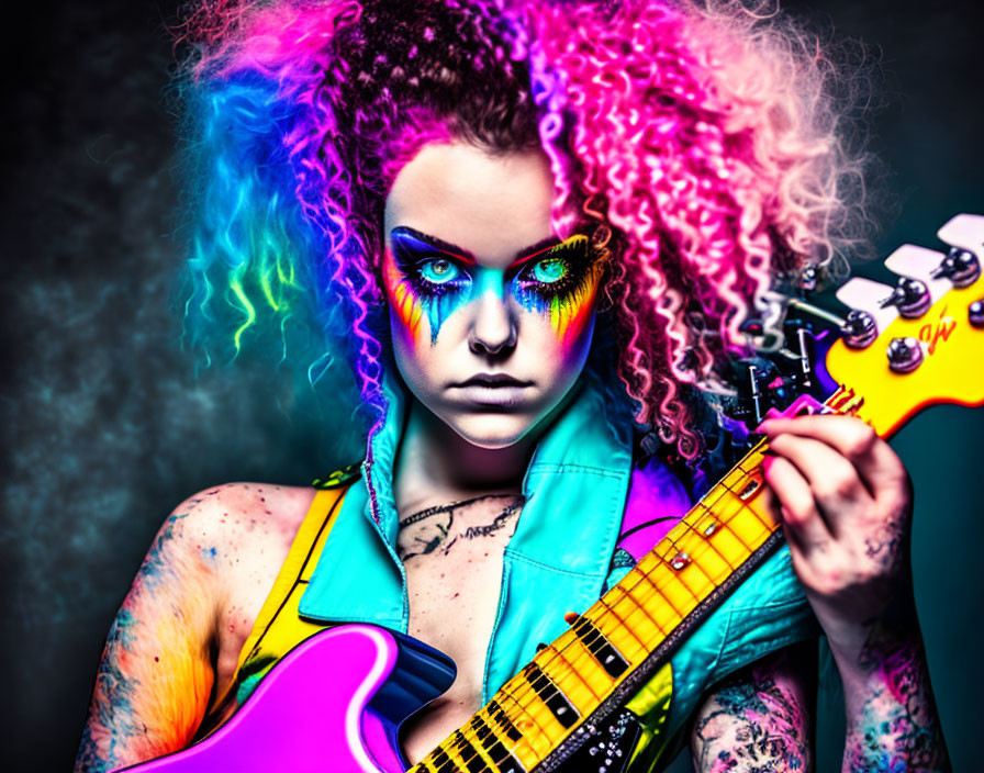 Vibrant rainbow hair and bold makeup with electric guitar on dark background