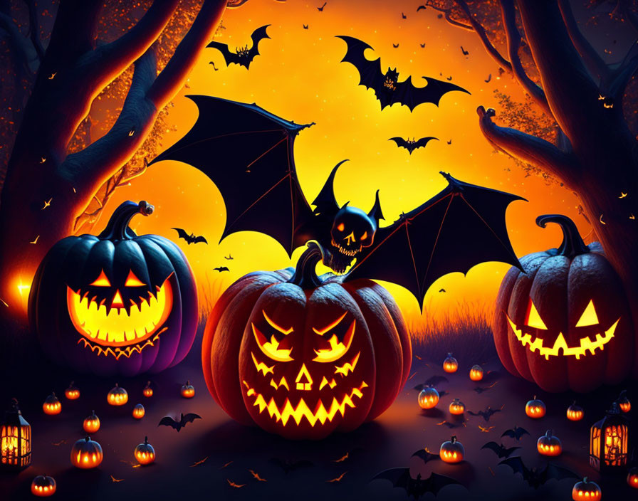 Glowing carved pumpkins, flying bats, and bat-winged jack-o'-lantern in