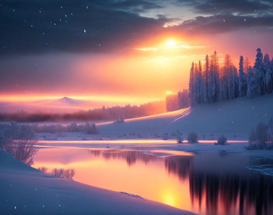 Tranquil winter sunset scene with orange sky reflected in lake