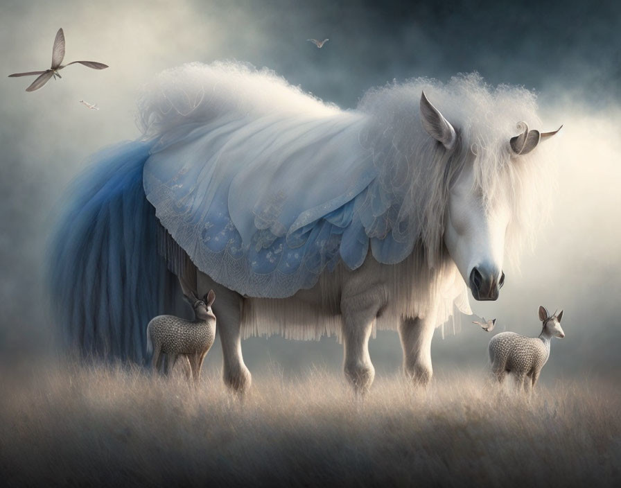 Mystical white creature with unicorn head in foggy scene with deer and birds