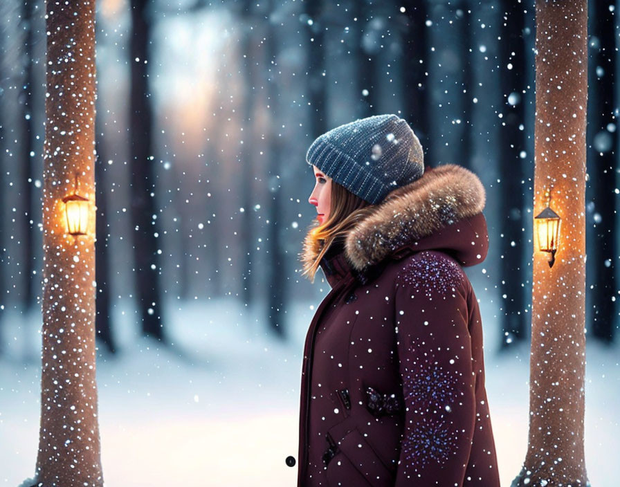 Person in Warm Hat and Coat Stands Between Lamp Posts in Snowy Forest