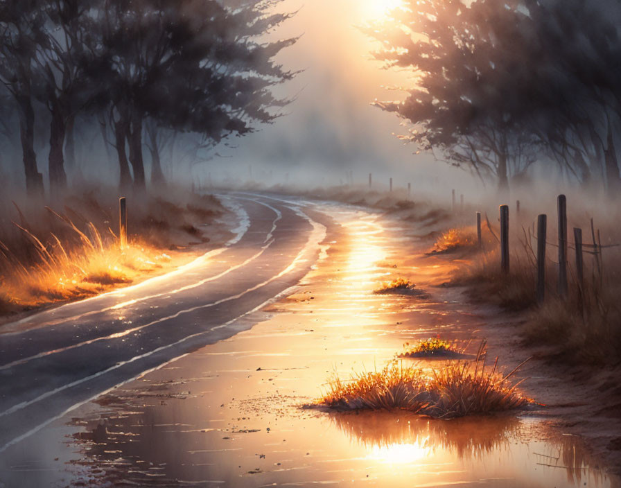 Tranquil Country Road at Sunrise with Mist and Puddles