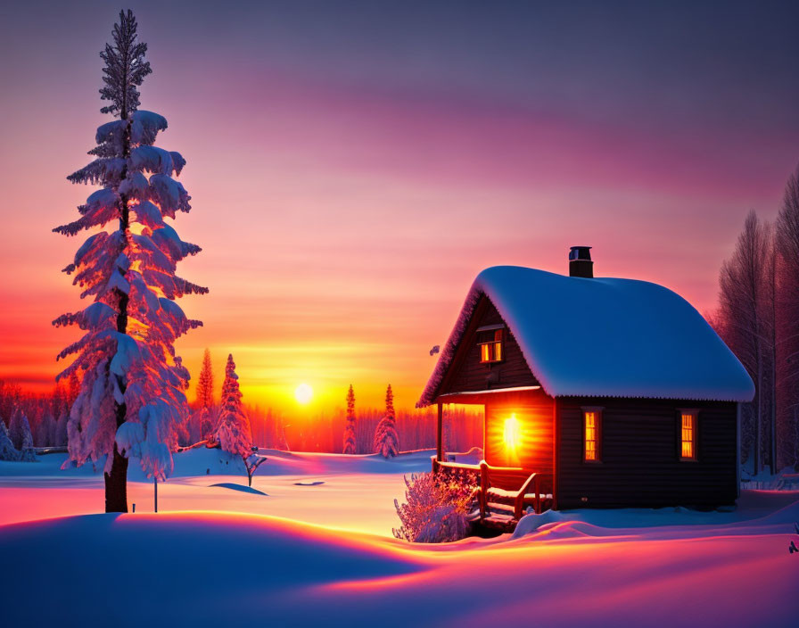 Snow-covered cabin with lit porch light at sunset