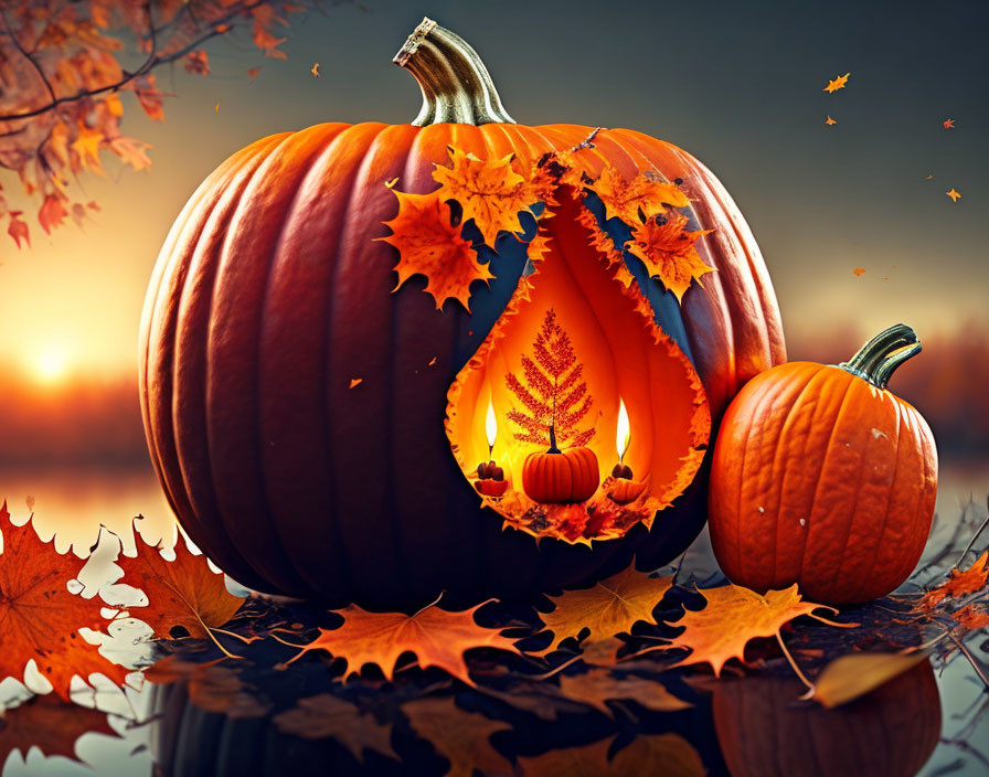 Autumn-themed image: Large carved pumpkin, small pumpkin, candle, colorful leaves.