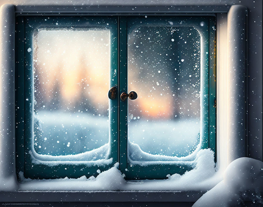 Snowflake-covered frosty windowpane with warm interior light and snow accumulation, capturing winter ambiance.