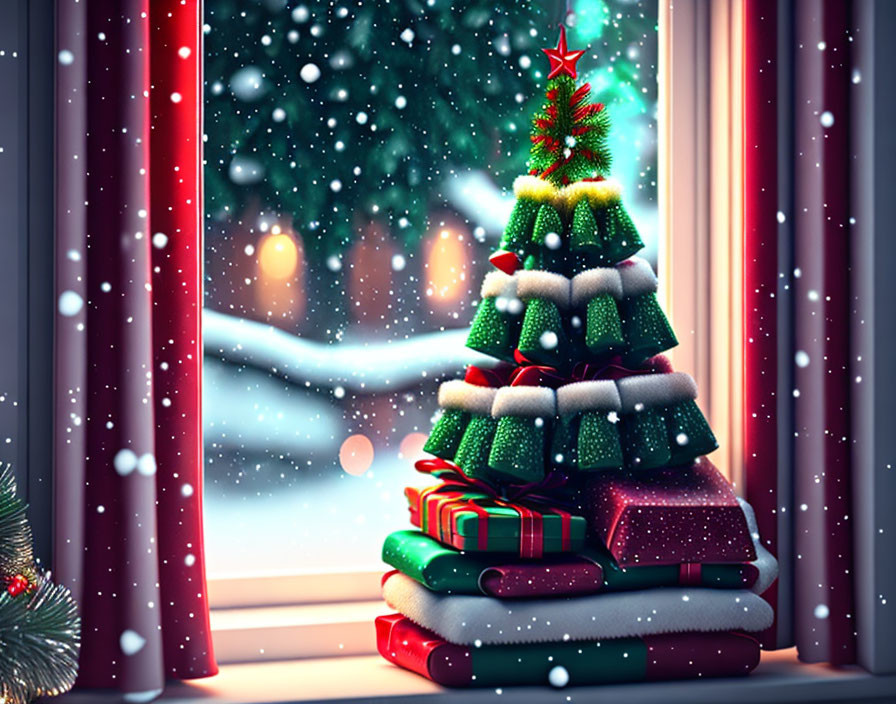 Whimsical book Christmas tree with star, lights, snow, and snowy window view