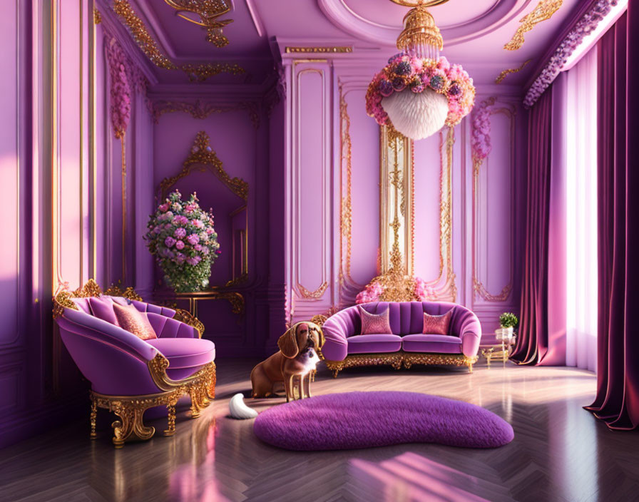 Luxurious Purple Room with Mirror, Sofas, Chandelier, Curtains, and Dog