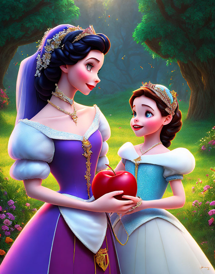 Two elegant princesses in gowns with red apple in enchanted forest