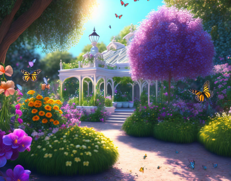 Vibrant flower garden with butterflies, gazebo, and magical sunlight.