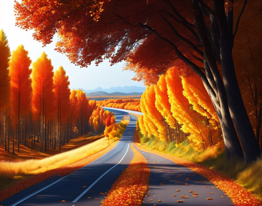 Scenic autumn road with colorful trees and fallen leaves