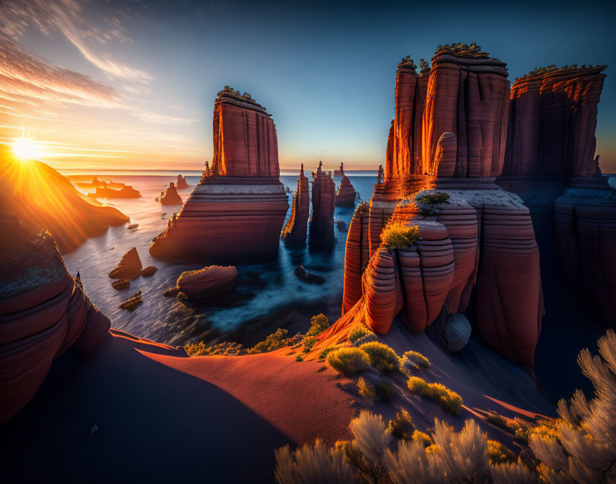 Vibrant sunset illuminating surreal rock formations by water