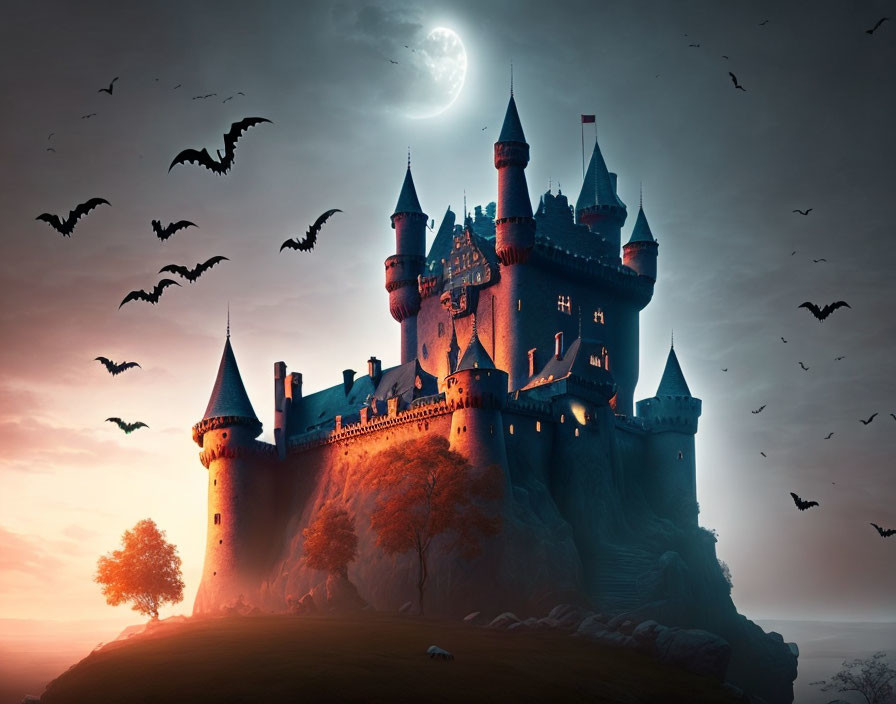 Castle on rocky hill under crescent moon with flying bats and autumn tree.