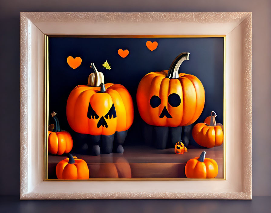 Stylized Jack-o'-Lantern Family Artwork with Pumpkins on Dark Background