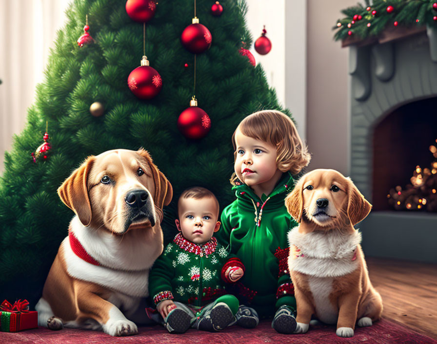 Children, dogs, Christmas tree, and fireplace scene.