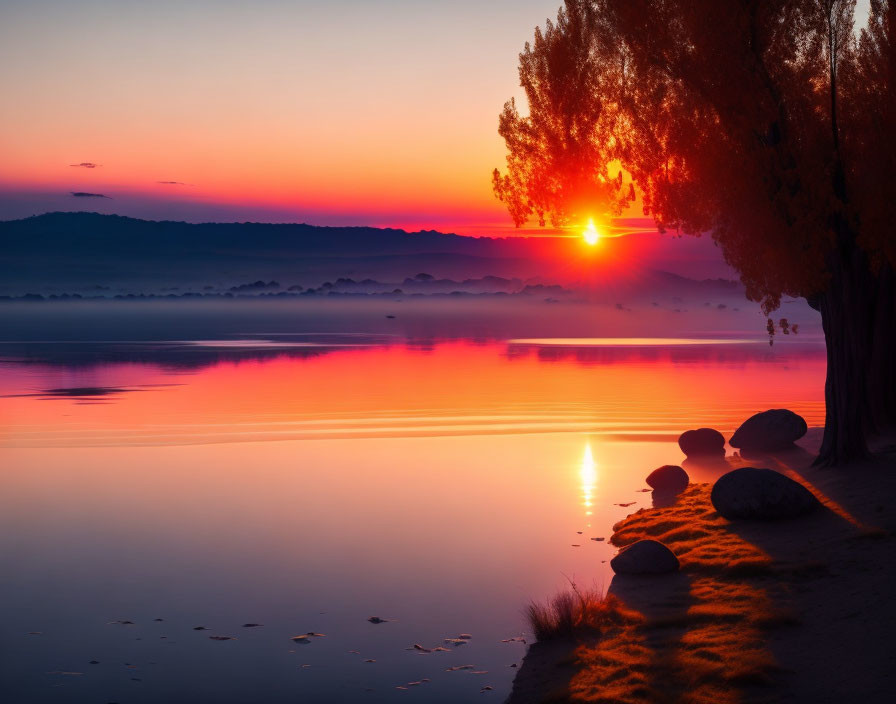 Serene lake sunrise with vibrant sky and silhouetted trees