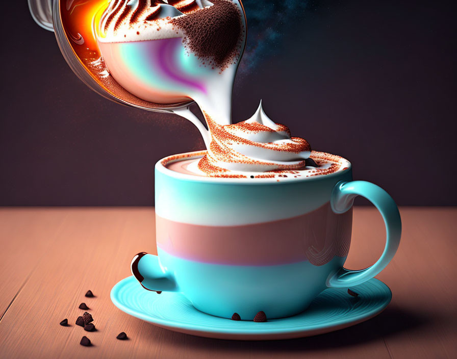 Turquoise cup with galaxy latte art and heart-shaped coffee beans