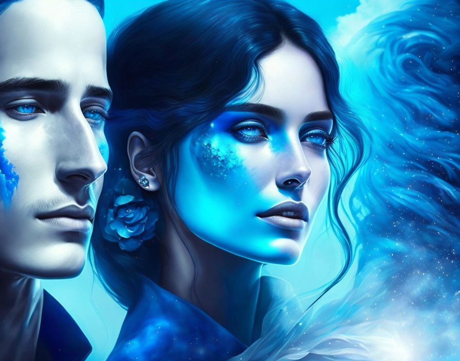 Male and female digital art with blue-tinted skin and cosmic backdrop