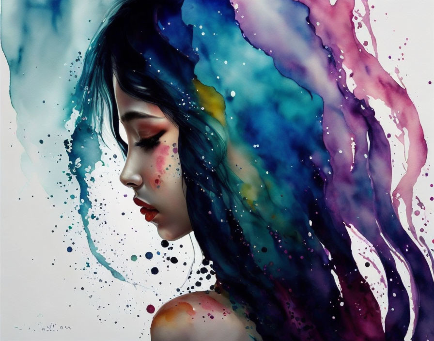 Vibrant watercolor portrait of young woman with flowing hair