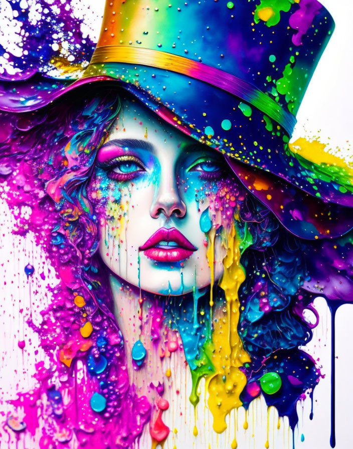 Colorful paint drips down woman's face and hat in vibrant portrait.