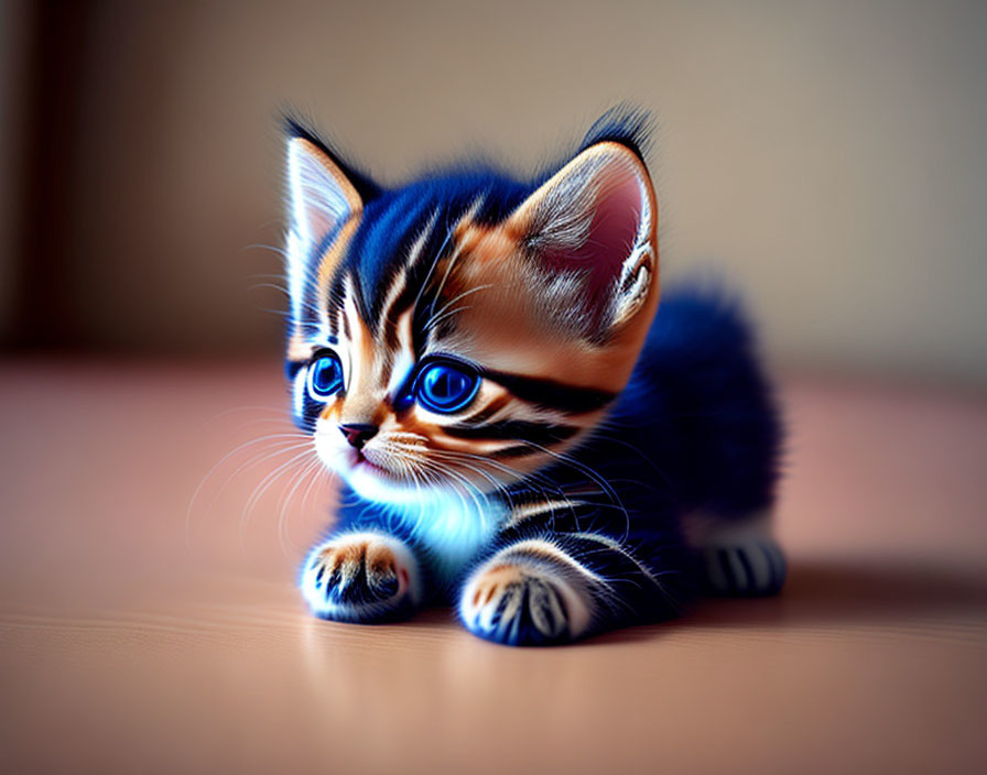 Blue-eyed kitten with brown-striped fur on soft background