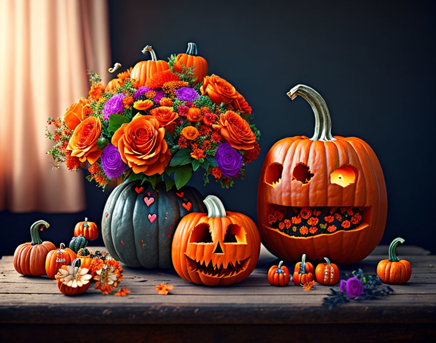 Carved Pumpkins and Orange Purple Flowers Halloween Display