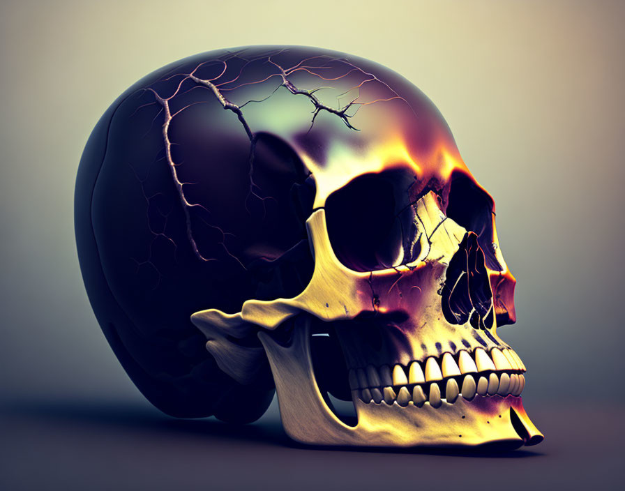 Surreal skull split between intact half and fiery fractures